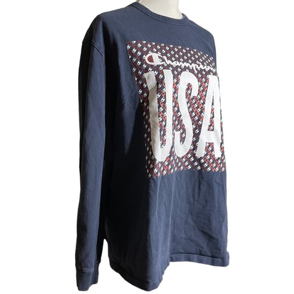 Champion USA Sweatshirt XL Spellout Metallic Logo 100% Cotton Navy Patriotic - Picture 6 of 12